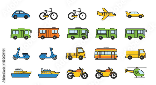 Vector art of collection of various vehicles and modes of transport isolated on white background