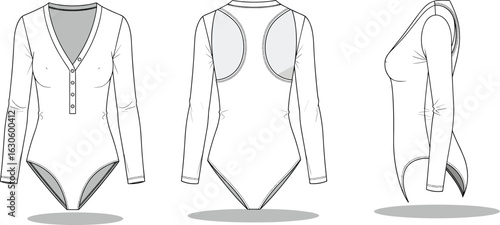 Long-sleeve bodysuit fashion sketch with V-neck button placket, racerback and side seams, front back cad vector illustration