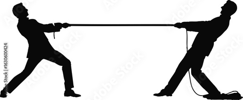 Two businessmen in suits pulling a rope in a tug of war competition
