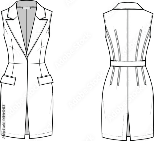 Sleeveless blazer dress with notch lapel, flap pockets, front slit and back seams, cad fashion flat vector illustration