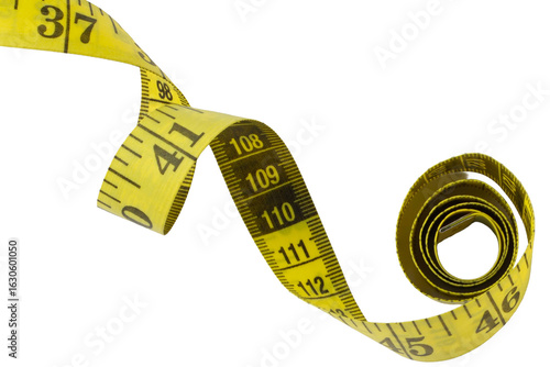 PNG coiled yellow measuring tape against a black background.
