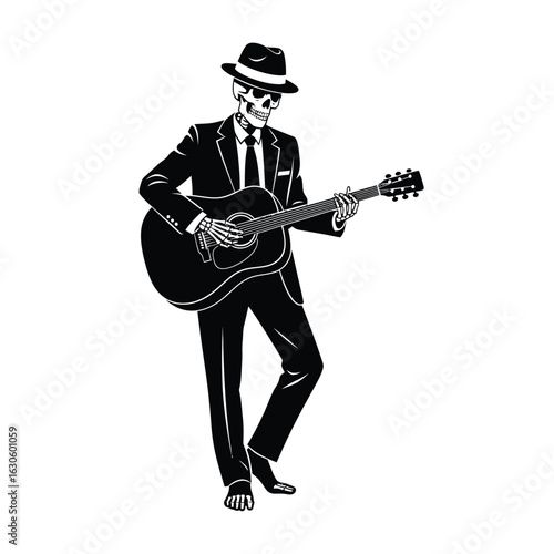 Vector art of skeleton musician playing guitar isolated on white background