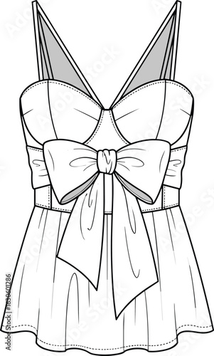 Short flared dress with sweetheart neckline, gathered bust, thin straps and waist bow, front view cad flat vector illustration