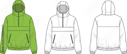 Half-zip hoodie with chest seam and zippered pockets, front and back view, elastic hem and cuff, cad fashion vector