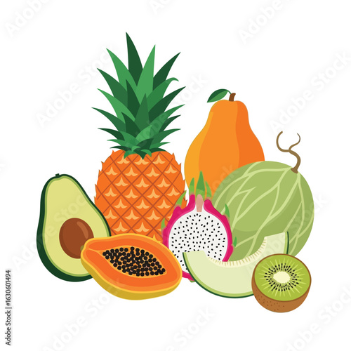 Vector art of assortment of fresh tropical fruits isolated on white background