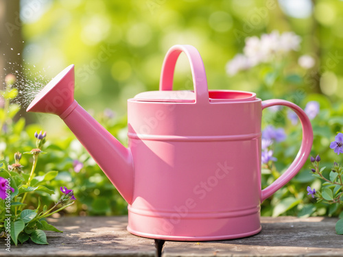 Pink watering can spraying water in garden surrounded by flowers  