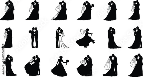 Silhouettes of wedding couples in various poses against soft circles