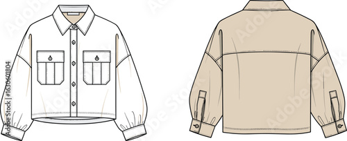 Relaxed-fit jacket front and back CAD with collar, chest pockets, buttoned cuffs, seam detail, technical sketch vector illustration
