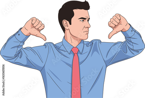 Man in blue shirt giving thumbs down gesture with disapproving look