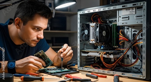 Wallpaper Mural Man repairing a computer component with open pc case and tools on the table nearby Torontodigital.ca