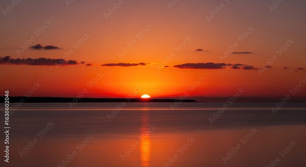 Fototapeta premium Sun Setting Over Calm Water with Orange Sky Reflection