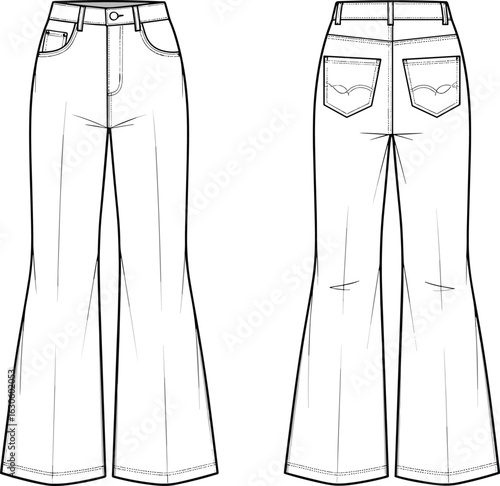 Wide-leg jeans fashion flat sketch, front and back view with button closure, pockets, yoke, and knee seam vector illustration