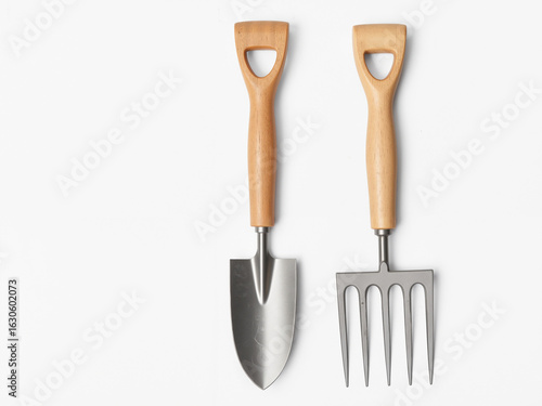 Garden tools with wooden handles on white background  