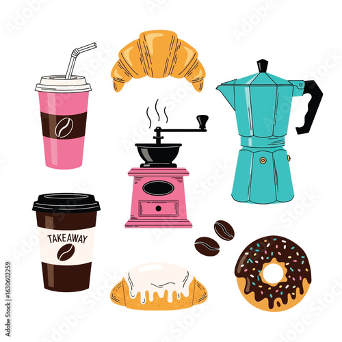 Vector art of assortment of coffee and pastry items including cups and donuts
