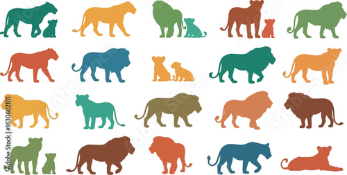 Colorful lion silhouettes in various poses on a cream colored background