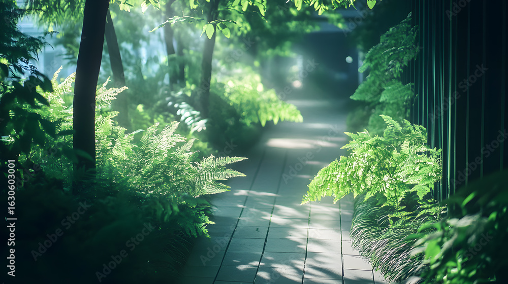 Fototapeta premium Lined Forest Walkway With Emerald Sunlight Sum
