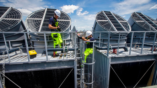 Workers performing maintenance on cooling towers at a commercial building during the day