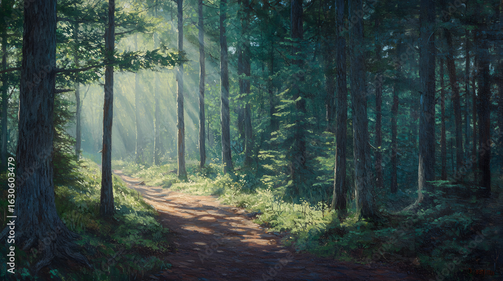 Obraz premium Forest Trail With Misty Sunlight Summer Coo