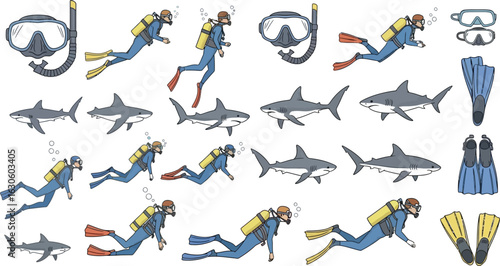 Illustration of scuba divers sharks and diving equipment on white background