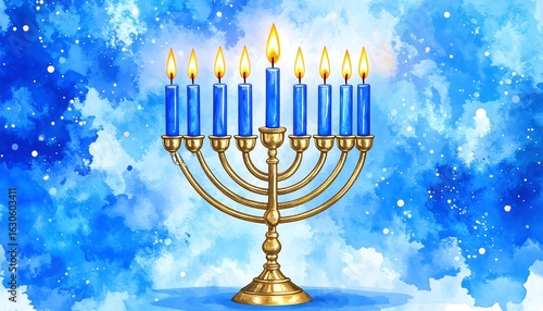 Hanukkah menorah with blue candles