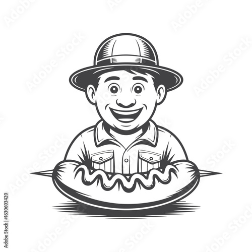 Cheerful man with hot dog food grilling