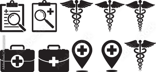 Medical icons set featuring caduceus and health symbols silhouette