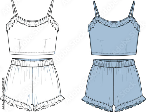 Sleepwear comparison set with camisole and shorts, ruffled trim, thin straps, elastic waistband, cad sketch vector flat illustration