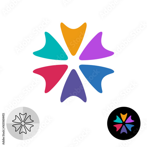 Colorful flower logo design elements. Natural plant bright color petals in a shape of six rays star. Arrow pointers aiming to the center point symbol