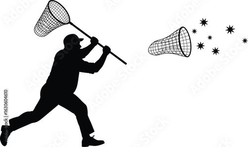 Silhouette of man catching stars with net on white background image