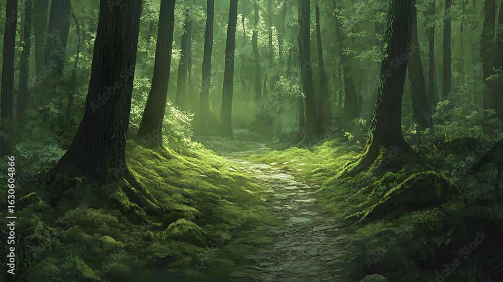 Obraz premium Covered Forest Trail With Jade Tinted Light