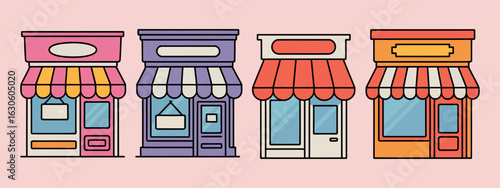 Colorful Storefronts Vector Illustration: Charming Shops with Awnings for Commercial Design Projects