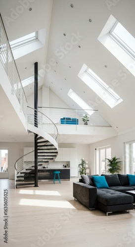 Modern Loft Apartment with Spiral Staircase and Skylights - Open plan living, spacious loft apartment featuring a dramatic spiral staircase, skylights illuminating the airy space, modern kitchen, and