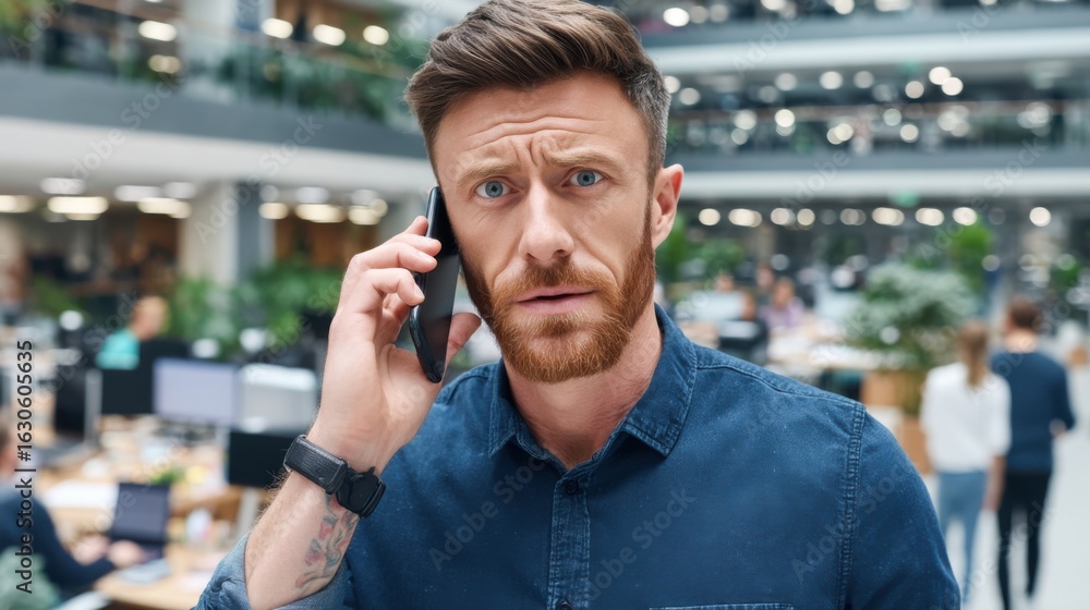 Fototapeta premium Man talking on mobile phone in modern office environment with colleagues working in background