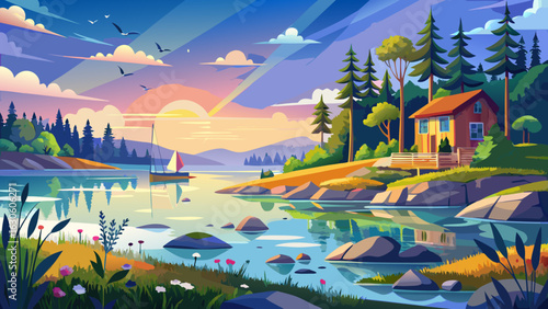 Golden mist drifts gently across the tranquil Swedish lake. Birch trees shimmer softly. Distant cottages reflect in still water. Morning light warms rocky shores. Everything breathes calm, silence, an