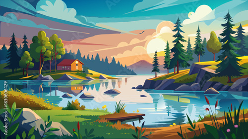 Golden mist drifts gently across the tranquil Swedish lake. Birch trees shimmer softly. Distant cottages reflect in still water. Morning light warms rocky shores. Everything breathes calm, silence, an