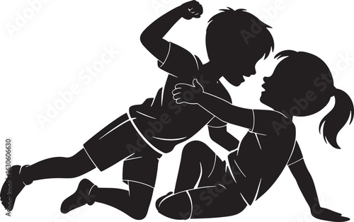 Silhouette of Children Fighting Vector Illustration Depicting Childhood Conflict and Aggression