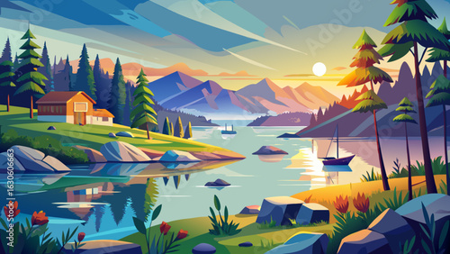 Golden mist drifts gently across the tranquil Swedish lake. Birch trees shimmer softly. Distant cottages reflect in still water. Morning light warms rocky shores. Everything breathes calm, silence, an