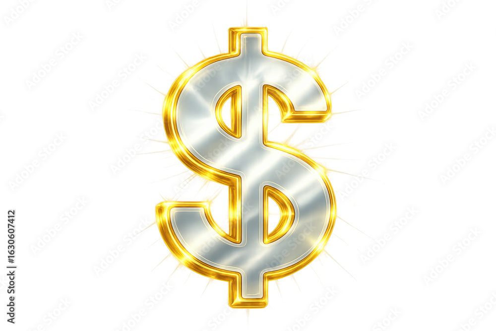 Fototapeta premium Metallic silver dollar sign with glowing gold edges, embodying wealth, prosperity, and financial success, isolated on a transparent background