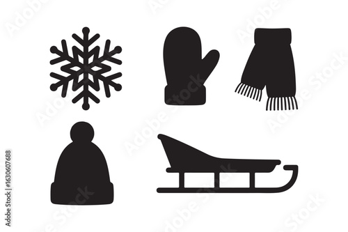 Winter icons set silhouette of snowflake mitten scarf and sled