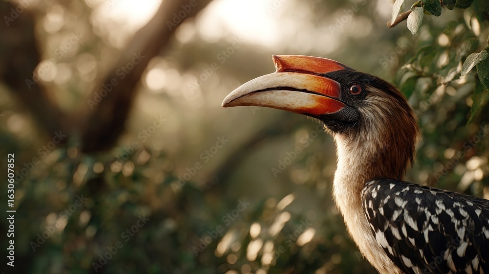 Obraz premium Close up of crested hornbill bird with distinctive colorful beak amidst lush green foliage