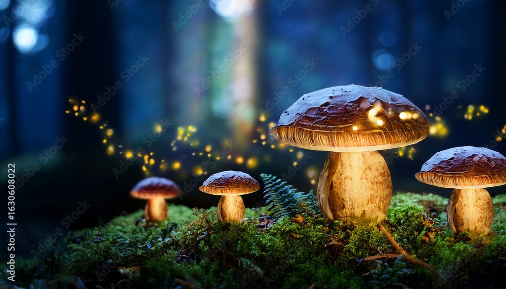 Fototapeta premium glowing mushroom lamps in dark forest with fireflies on moss fantasy night scene with magic fairy tale elements nature concept art mystical fungal autumn vibes