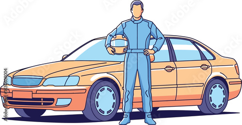 Cartoon racer with helmet standing in front of a yellow colored car