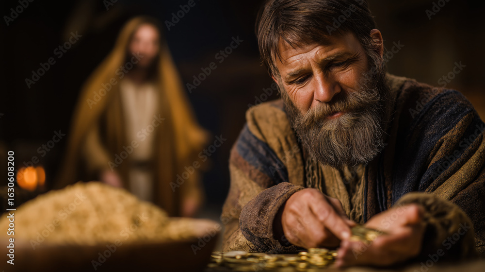 Obraz premium By candlelight, a rich man counts coins at night beside a barn full of grain, while Jesus silently watches from the shadows with solemn eyes, revealing true wealth beyond riches..