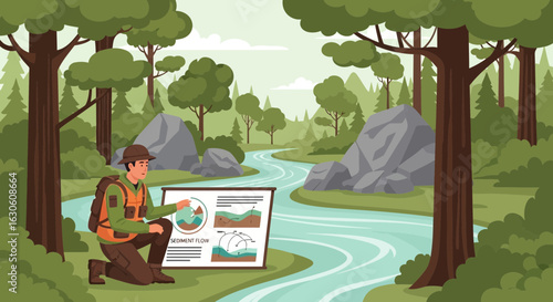 Geologist Demonstrating Sediment Flow Diagram Near River In A Forest
