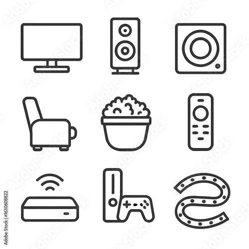 Home Theater Icons. Line style icons of Home Theater Setup: flat screen TV, surround speaker, subwoofer, reclining seat, popcorn