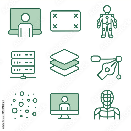 Visual Effects Workflow. Line style icons of Visual Effects Workflow: green screen, tracking markers, motion capture suit, render