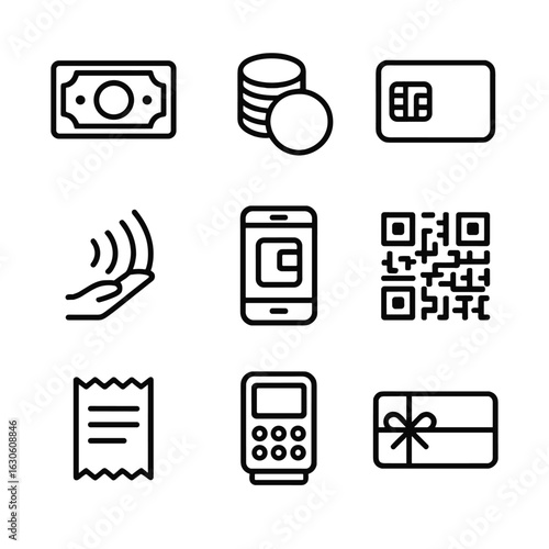 Payment Methods Icons. Line style icons of Payment Methods: cash bill, coin stack, credit card chip, contactless tap, mobile