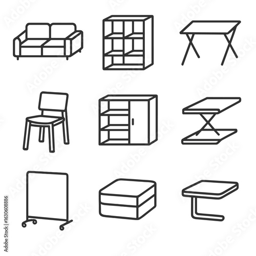 Modular Furniture Icons. Line style icons of Modular Furniture: sectional sofa, cube shelf, folding desk, stackable chair, sliding