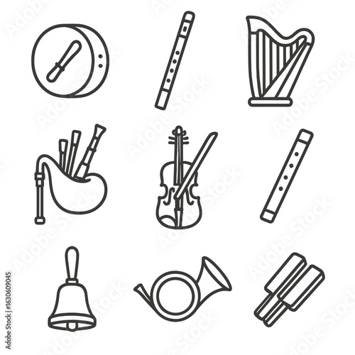 Celtic Instruments Icons. Line style icons of Celtic Musical Instruments: bodhrán drum, tin whistle, Celtic harp, Uilleann pipes,