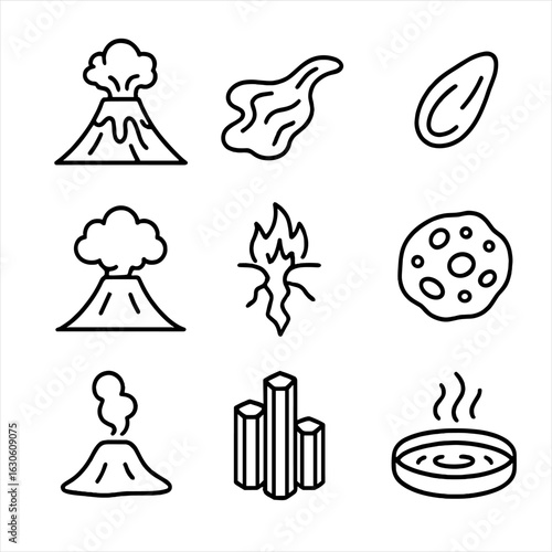 Volcanic Line Icons. Line style icons of Volcanic Landscape Features: erupting cone, lava flow, volcanic bomb, ash plume, magma